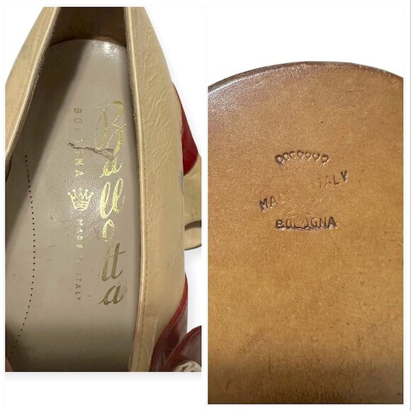 Vintage Ballotta Bologna Italy Red & Ivory Leather Peep-Toe Pumps 1960s–70s - Picture 7 of 11